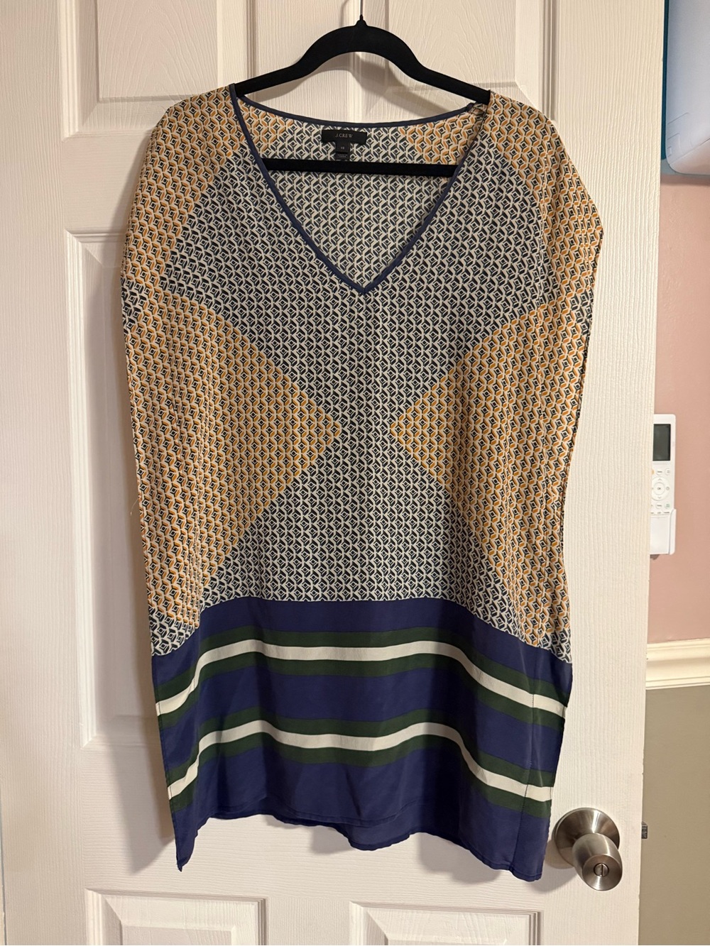 J. Crew 100% silk, Navy & Green Geometric V-Neck Swim Coverup